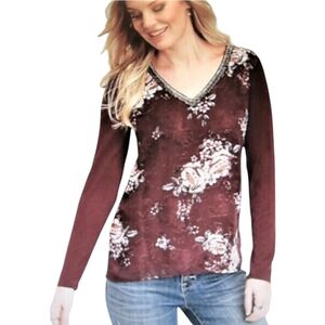 Maurices Floral Chiffon Top Jeweled V-Neck Size 3X